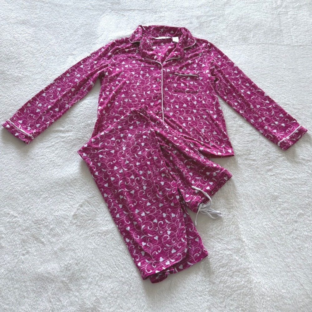 Jasmine Rose Pajama‎ Set Womens Medium Pink Hearts Button Top Pants Soft